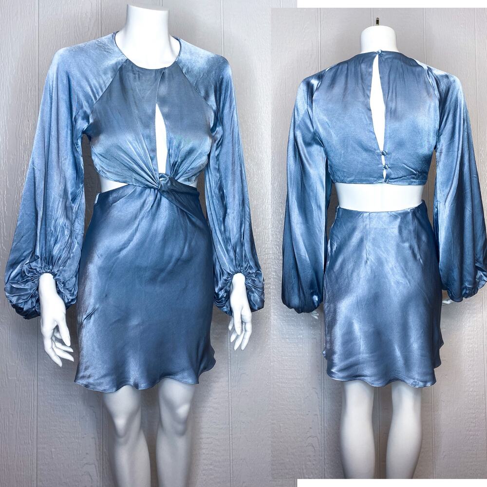 SHONA JOY La Lune Twist Front Cut Out Mini Dress Blue Silk Dress US 0